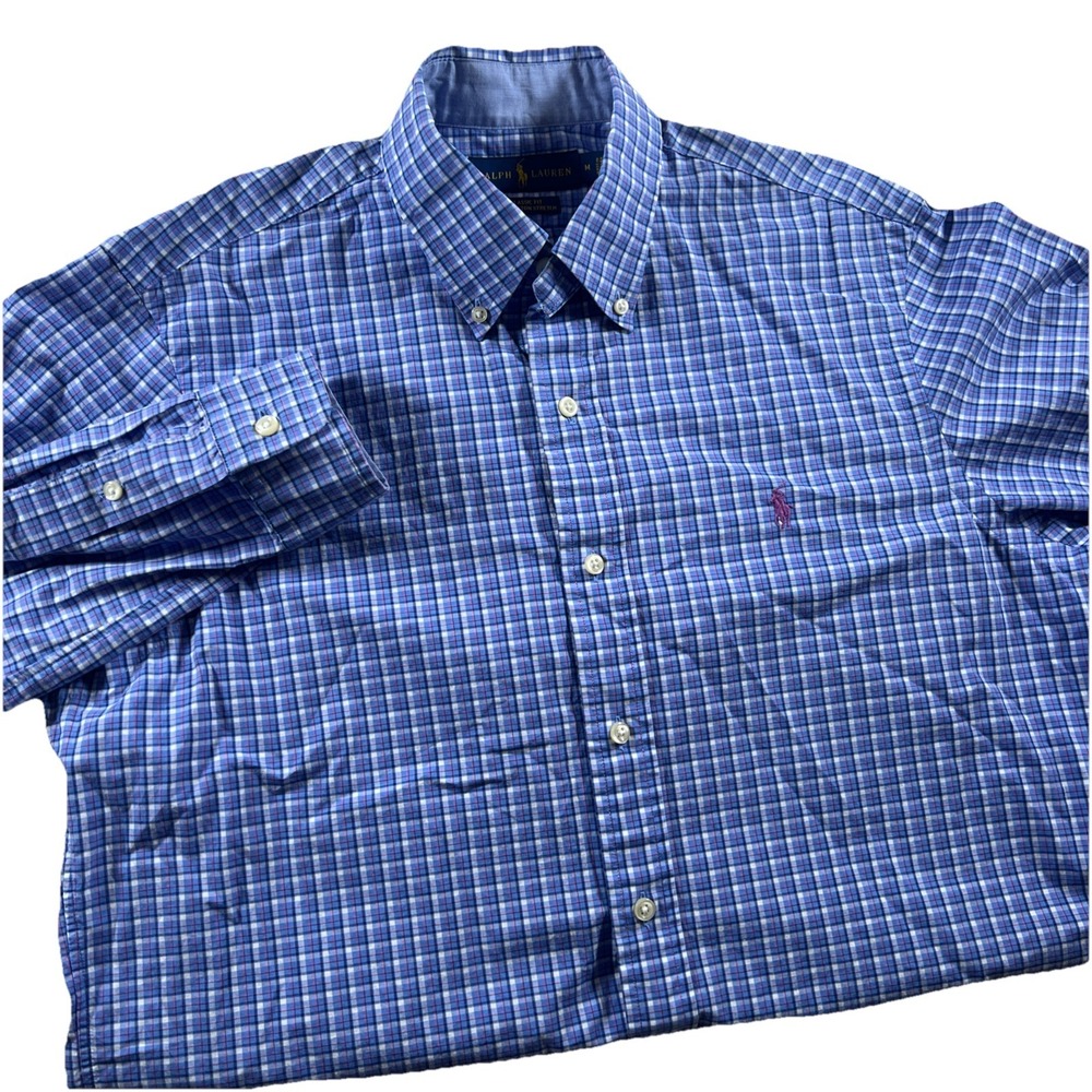 Polo Ralph Lauren Shirt Medium Blue Plaid Classic Stretch Oxford Preppy Casual M